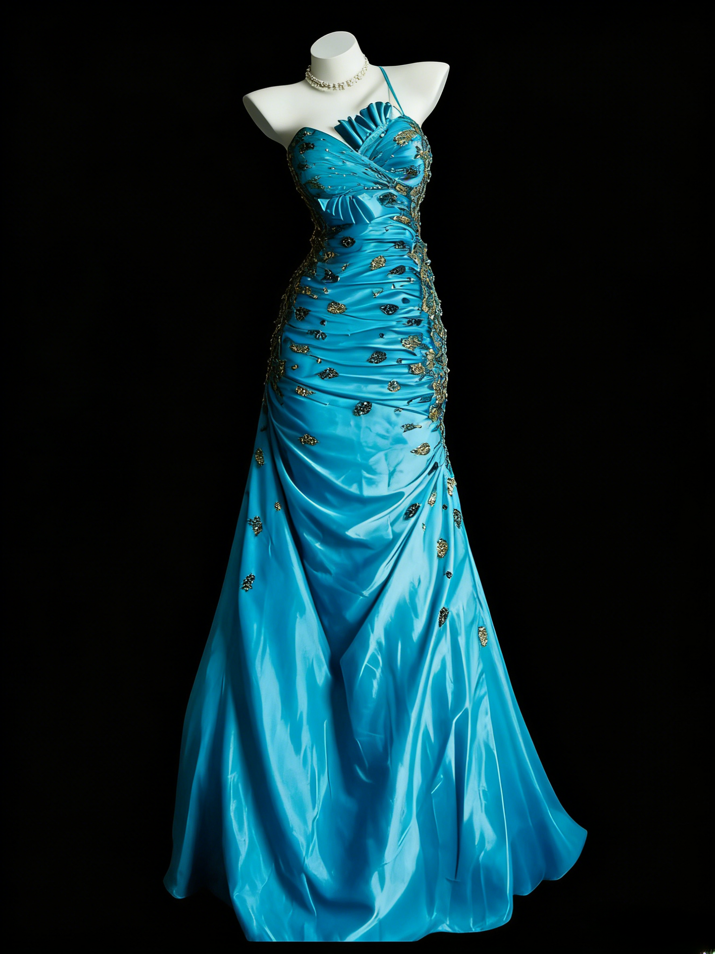 Chic Blue Prom Dress Satin Beaded One-shoulder Evening Dress Sheath Formal Dress ED06884