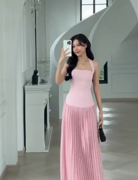 Chic Pink Prom Dress Chiffon Halter Evening Dress Sheath Formal Dress ED06888