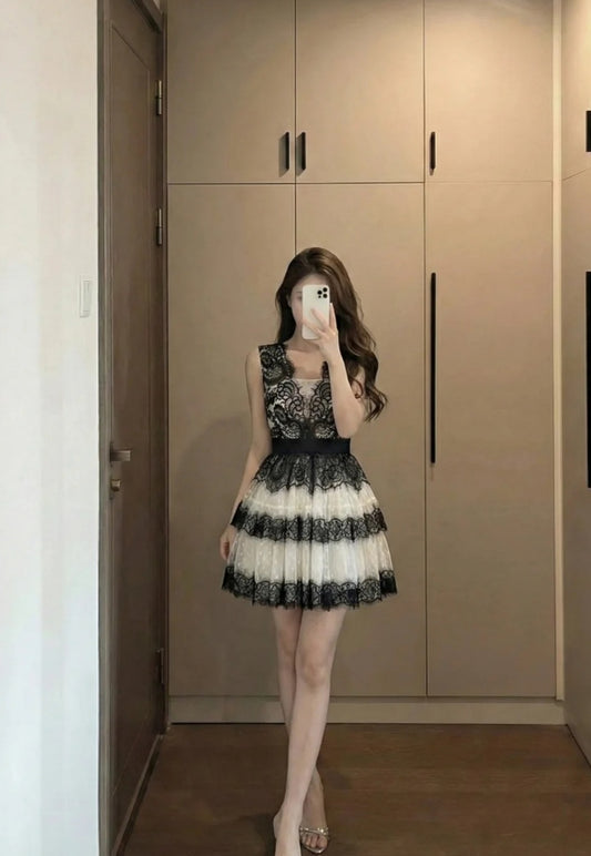 Chic Black Prom Dress Lace V-Neck Birthday Dress A-Line Sleeveless Party Dress ED06892