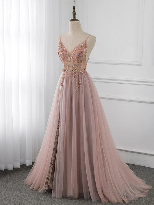 A-Line V Neck Tulle Beading Pink Long Prom Dress. Pink Formal Dress ED0690