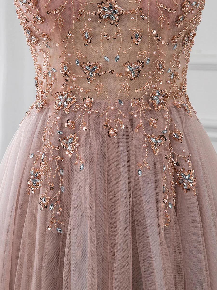 A-Line V Neck Tulle Beading Pink Long Prom Dress. Pink Formal Dress ED0690