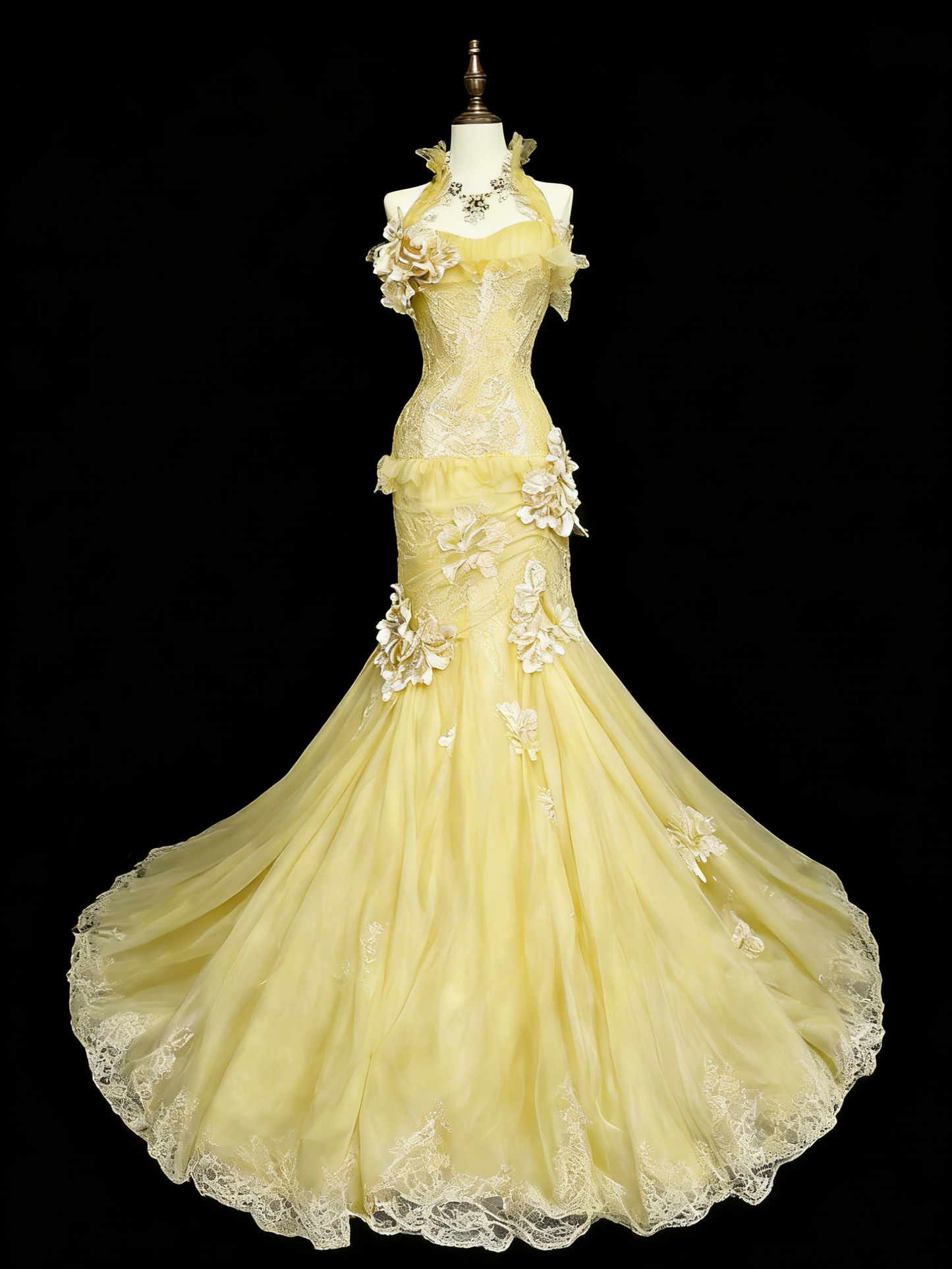 Chic Yellow Prom Dress Halter Tulle Mermaid Evening Dress ED06912