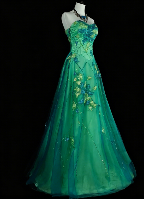 Elegant Green Prom Dress Tulle Strapless A-Line Evening Dress Applique Birthday Dress ED06918
