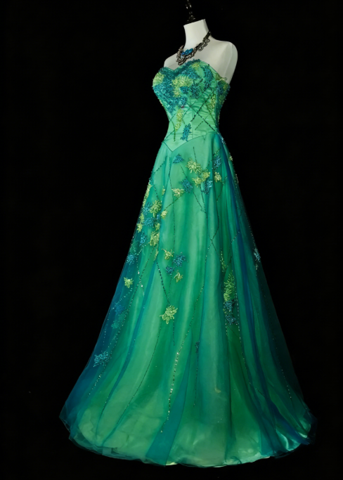 Elegant Green Prom Dress Tulle Strapless A-Line Evening Dress Applique Birthday Dress ED06918