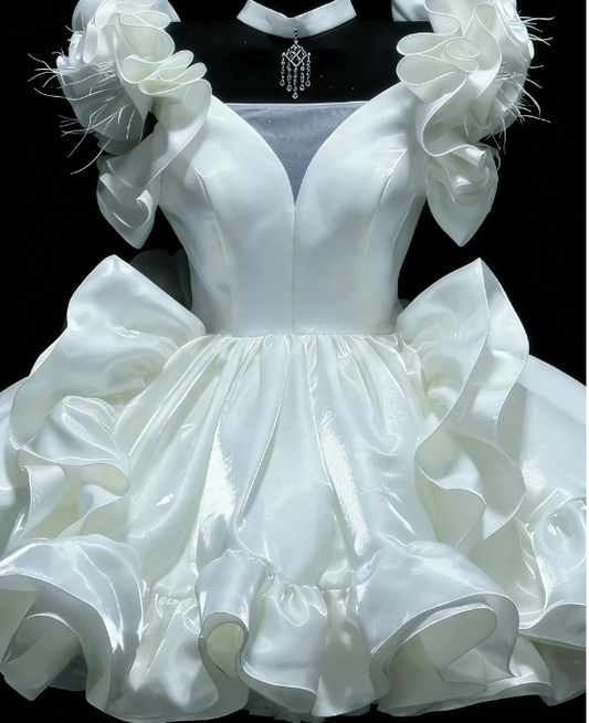 Gorgeous White Prom Dress Satin V-neck Short Evening Dress A-Line Birthday Dress ED06927