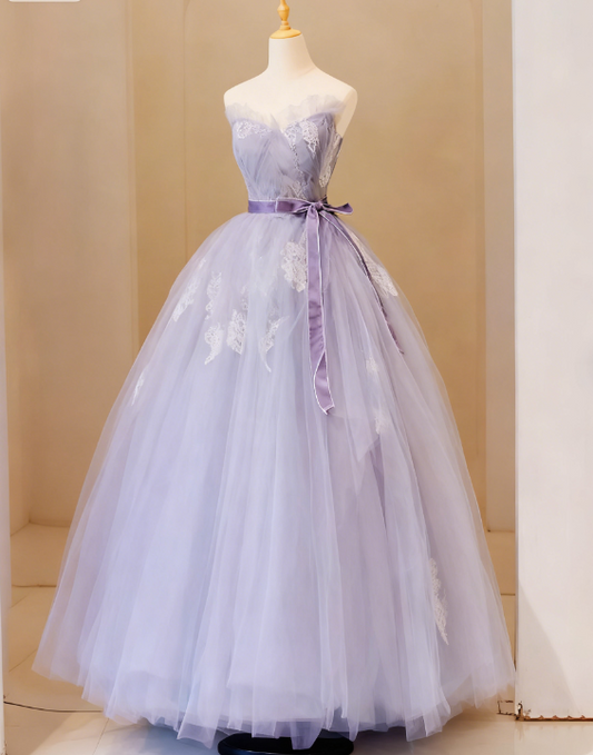 Purple V Neck Tulle Lace Long Prom Dress, Purple Formal Sweet 16 Dress ED0693