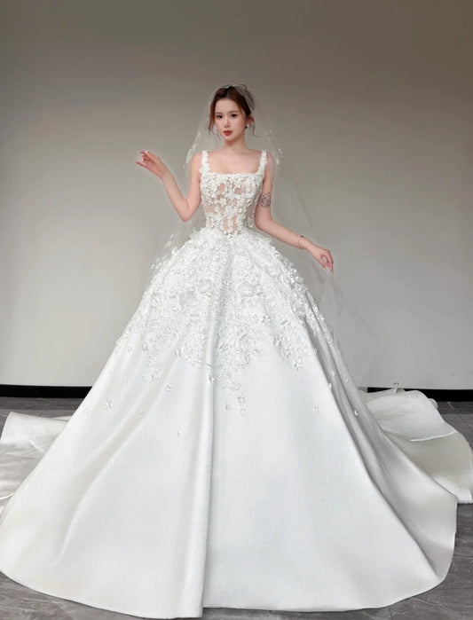 Timeless White Wedding Dress Satin Appliques A-Line Bridal Gown Sleeveless Bridal Dresss ED06935