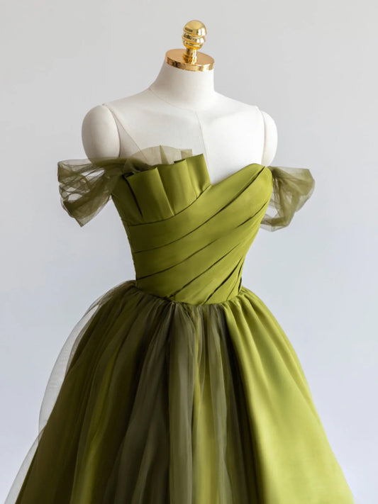 A-Line Off Shoulder Satin Green Long Prom Dress, Green Formal Dress ED0694