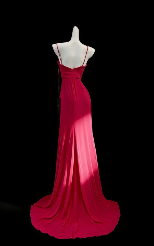 Elegant Hot Pink Wedding Guest Dress Spaghetti Straps Chiffon Sheath Evening Dress ED06941