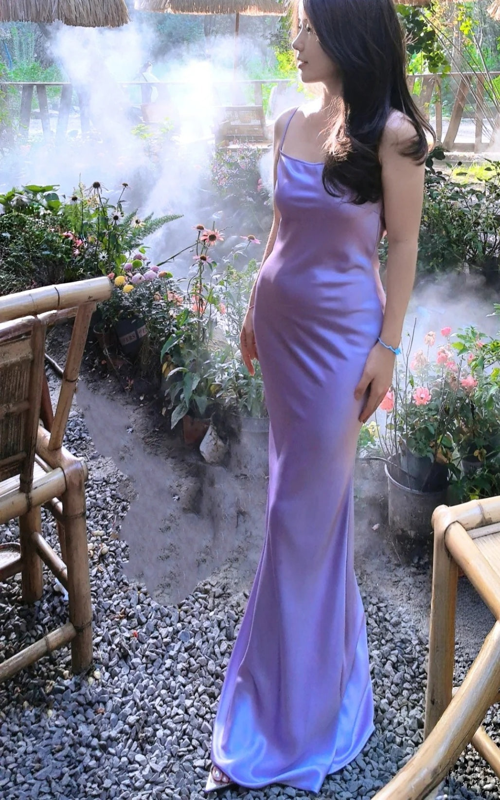 Elegant Purple Bridesmaid Dress Satin Spaghetti Straps Sheath Evening Dress ED06943