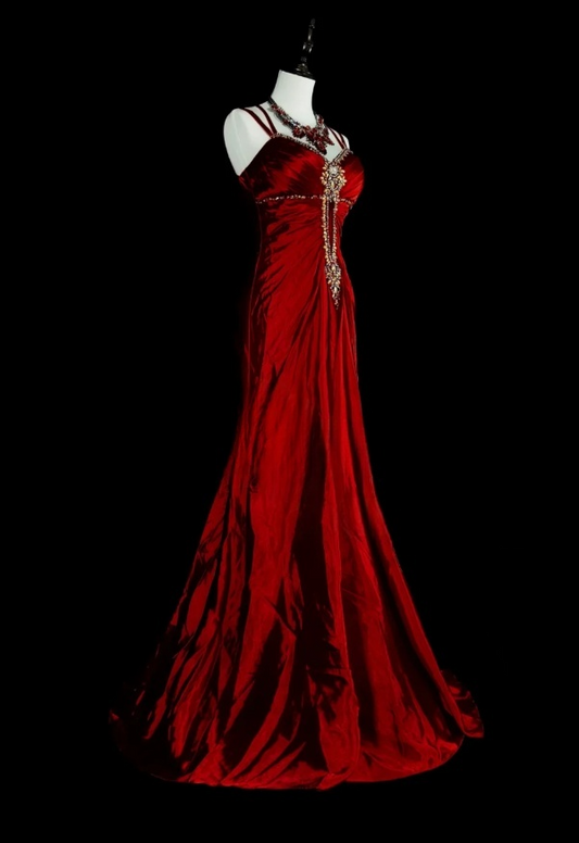 Elegant Red Prom Dress Satin Spaghetti Straps Sheath Evening Dress ED06945