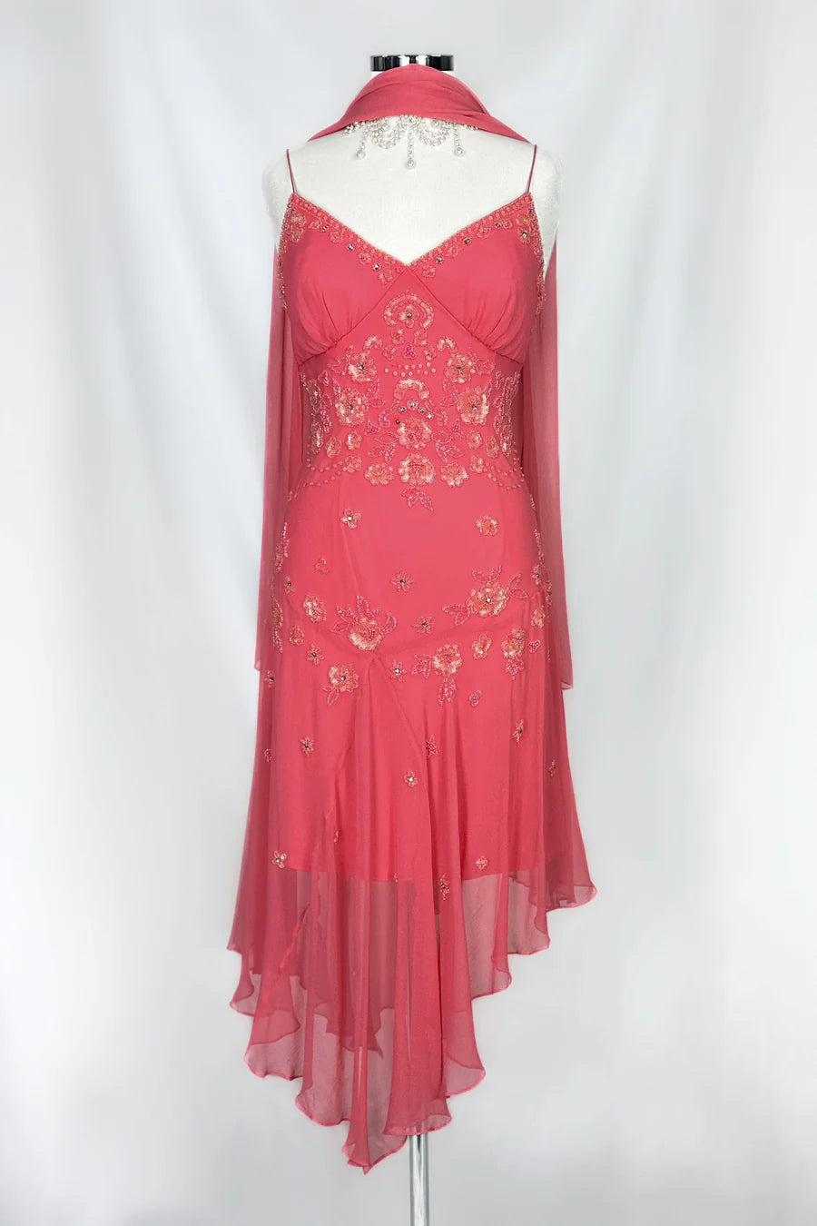 Chic Hot Pink Prom Dress Beaded Chiffon Spaghetti Straps Sheath Evening Dress ED06949