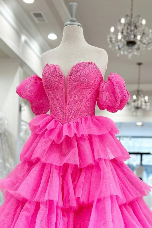 A-Line Hot Pink Tulle Lace Sweetheart Long Layered Prom Dress ED0695