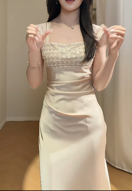 Chic Champagne Prom Dress Satin Straps Sheath Evening Dress ED06957