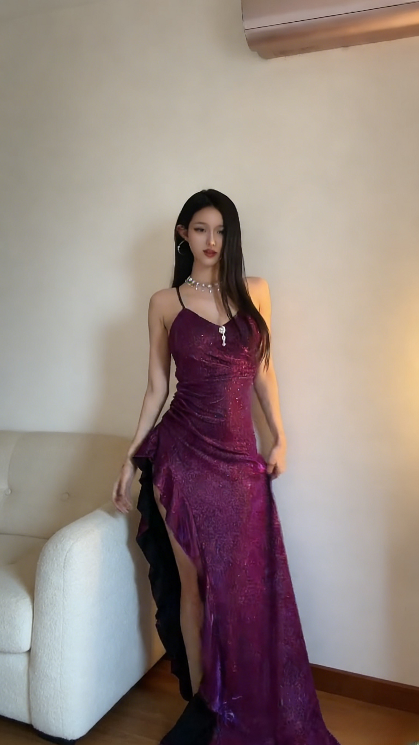 Chic Purple Prom Dress Satin Spaghetti Straps Sheath Evening Dress with Slit ED06958