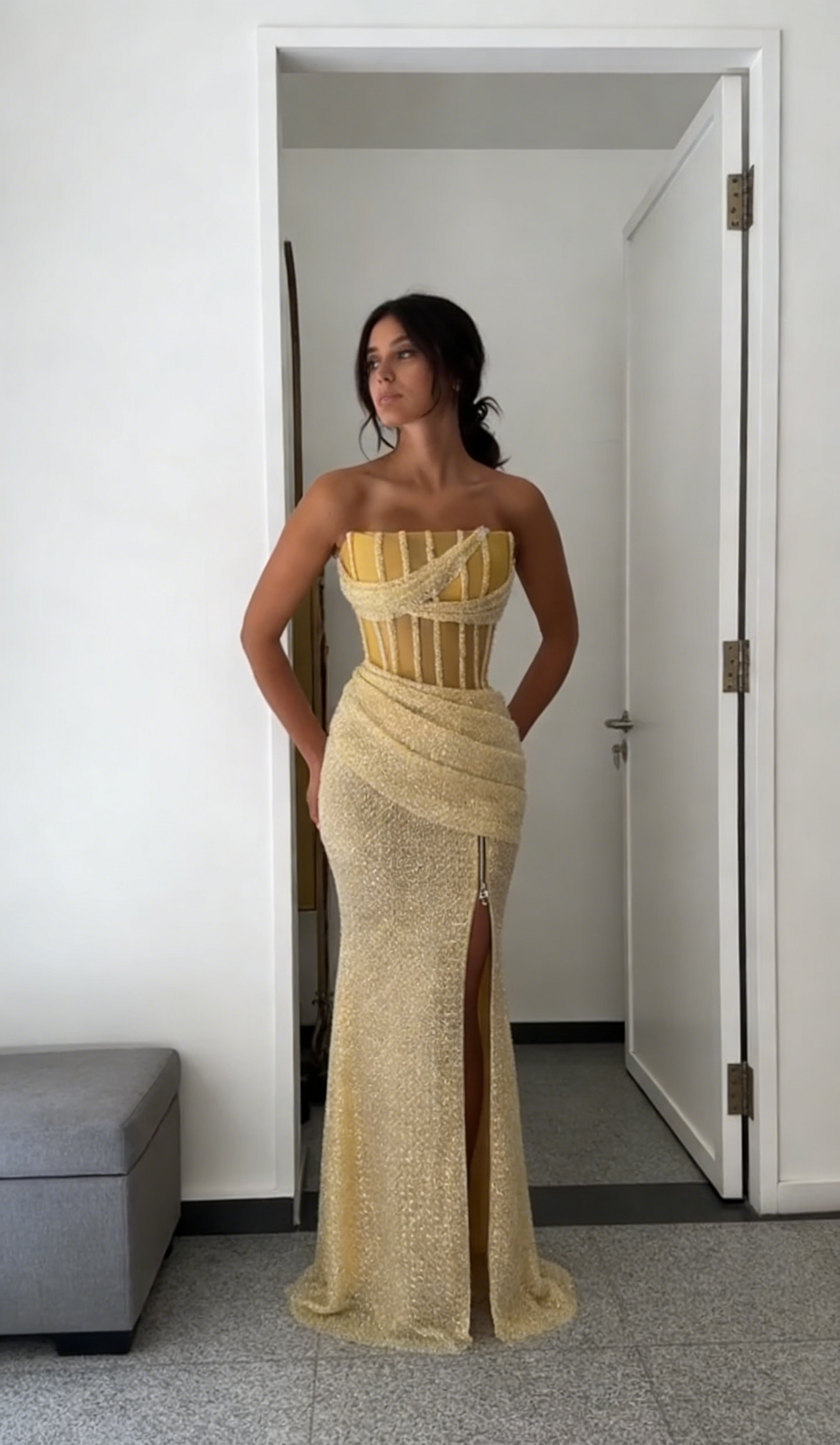 Chic Yellow Prom Dress Tulle Strapless Sheath Evening Dress ED06965