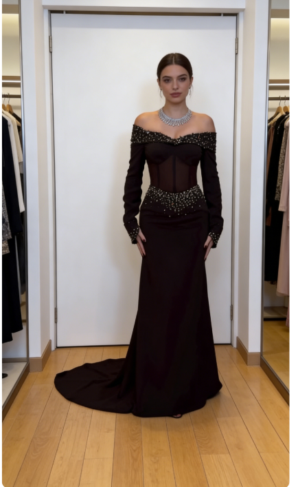 Chic Brown Prom Dress Chiffon Off-shoulder Sheath Evening Dress ED06974