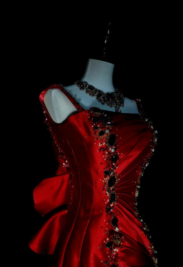 Elegant Red Prom Dress Satin Beaded Spaghetti Straps Birthday Dress Sleeveless Mermaid Evening Dress ED06978