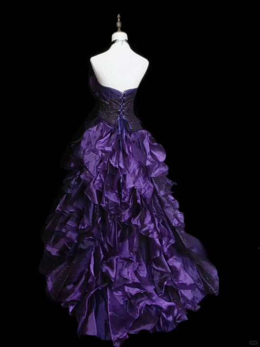 Elegant Purple Prom Dress Satin Strapless Birthday Dress Sleeveless A-Line Evening Dress ED06980