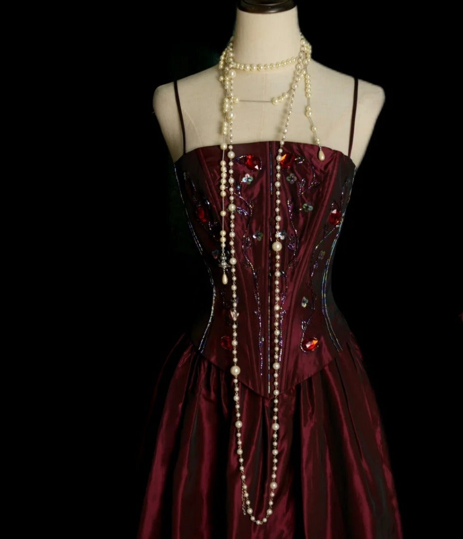 Elegant Burgundy Prom Dress Satin Spaghetti Straps Birthday Dress Sleeveless A-Line Evening Dress ED06981