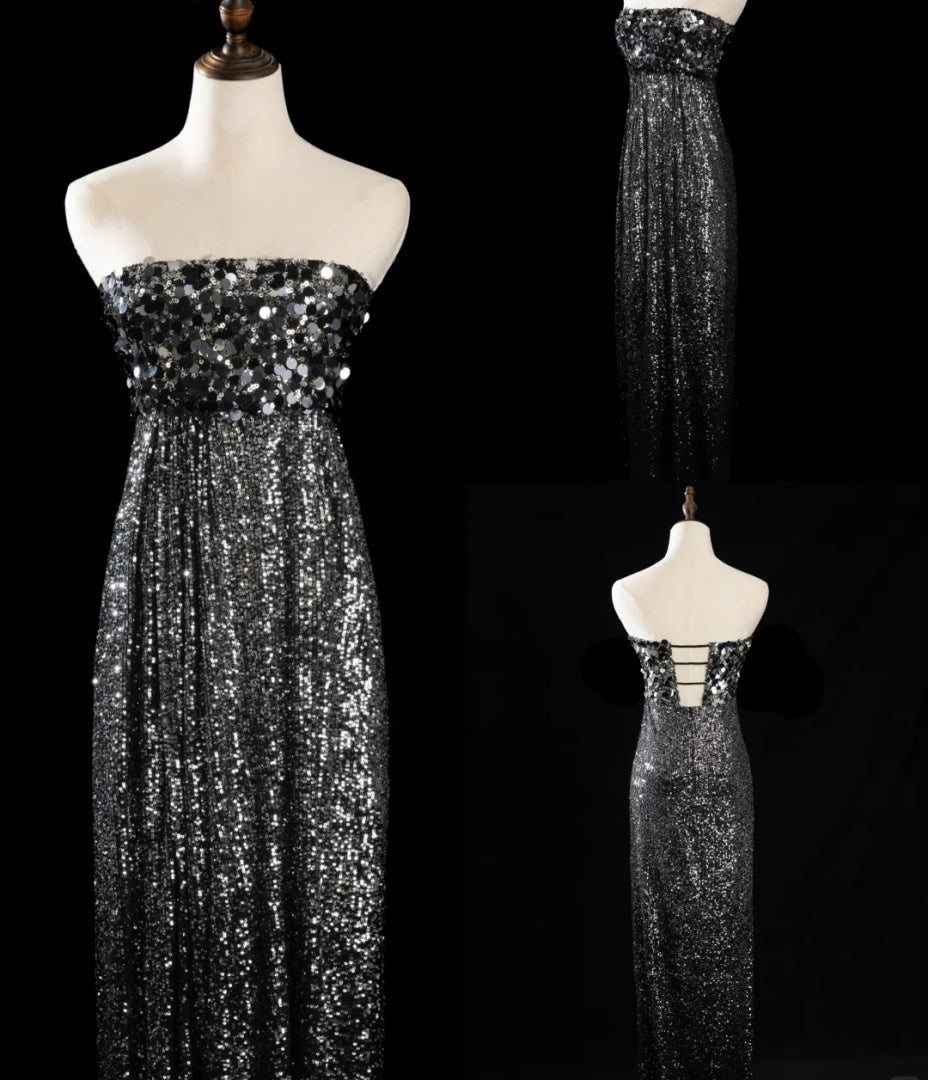 Elegant Dark Gray Prom Dress Sequins Spaghetti Straps Birthday Dress Sleeveless Sheath Evening Dress ED06982
