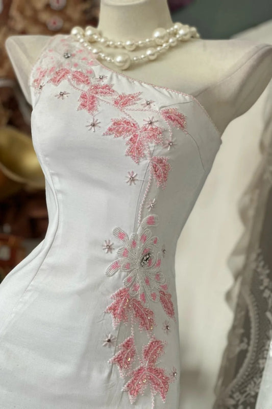 Elegant White Prom Dress One-shoulder Sheath Evening Dress Satin Beaded Birthday Dress ED06984