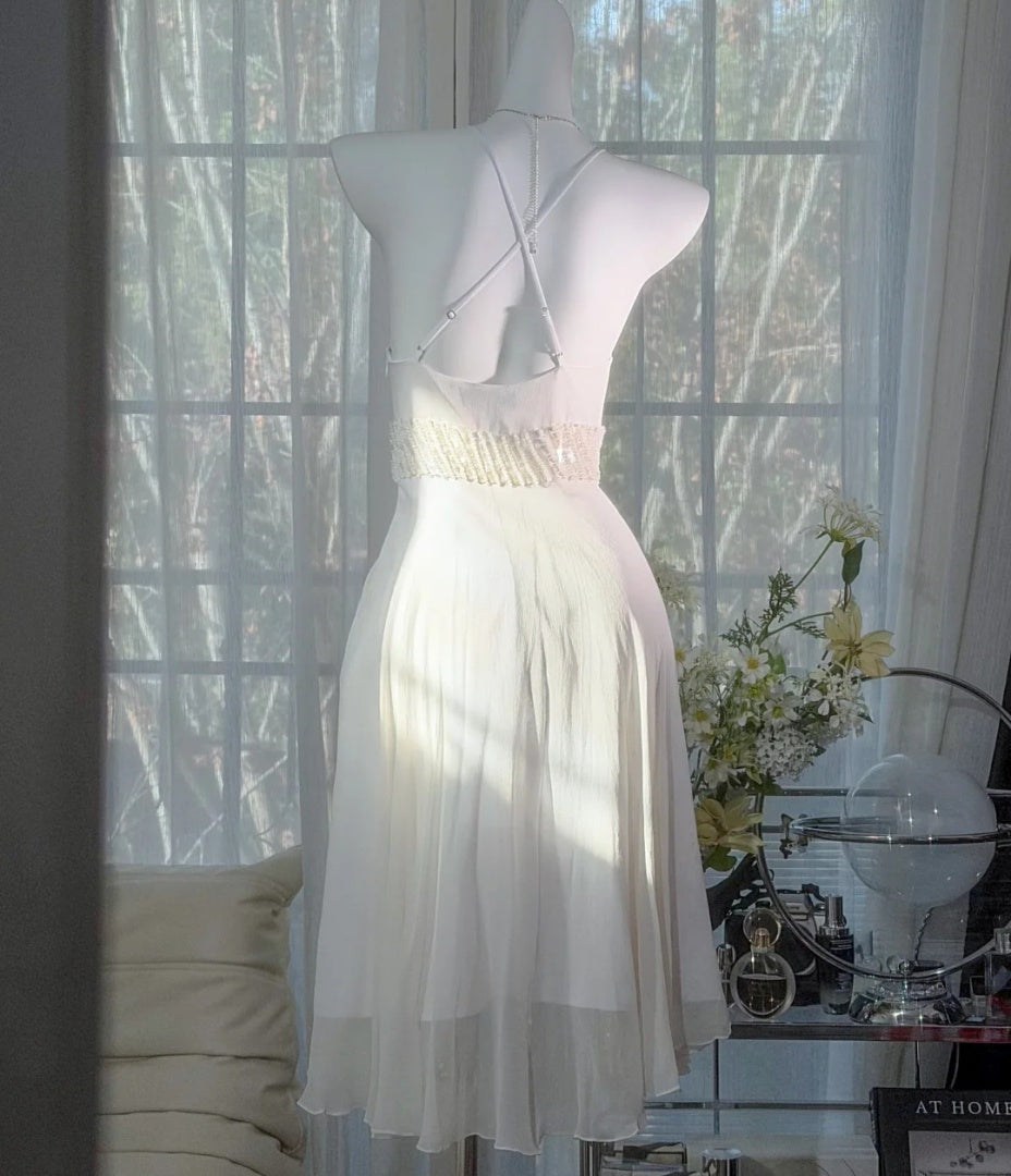 Elegant White Prom Dress Sheath Spaghetti Straps Evening Dress Chiffon Birthday Dress ED06987