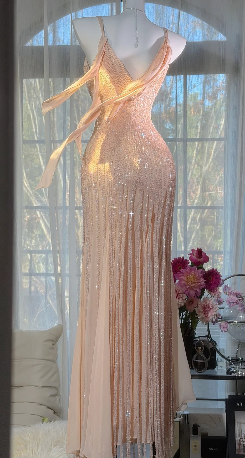 Chic Blush Pink Prom Dress Chiffon Beaded Sheath Evening Dress Straps Birthday Dress ED06999