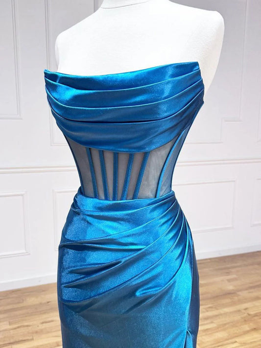 Blue Satin Mermaid Long Prom Dresses, Blue Formal Evening Dresses ED0700