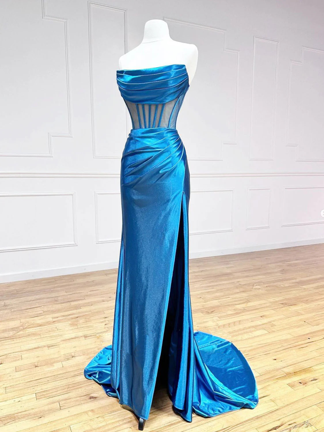 Blaue Satin Meerjungfrau Lange Ballkleider, Blaue Abendkleider ED0700