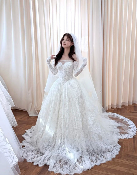 Elegant White Wedding Dress A-Line Lace Off-shoulder Bridal Gowns Long Sleeves Bridal Dress ED07004