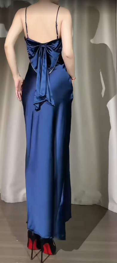 Chic Navy Blue Prom Dress Satin Spaghetti Straps Evening Dress Sheath Formal Dress ED07006