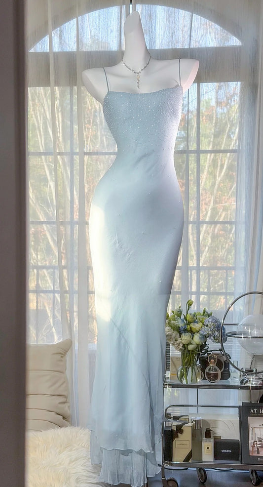 Elegantes hellblaues Chiffon-Abendkleid mit Spaghettiträgern und Perlenbesatz, Etuikleid, formelles Abendkleid ED07007