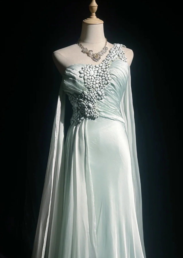 Robe de bal chic vert menthe en mousseline perlée, robe de soirée fourreau, robe de cérémonie ED07008