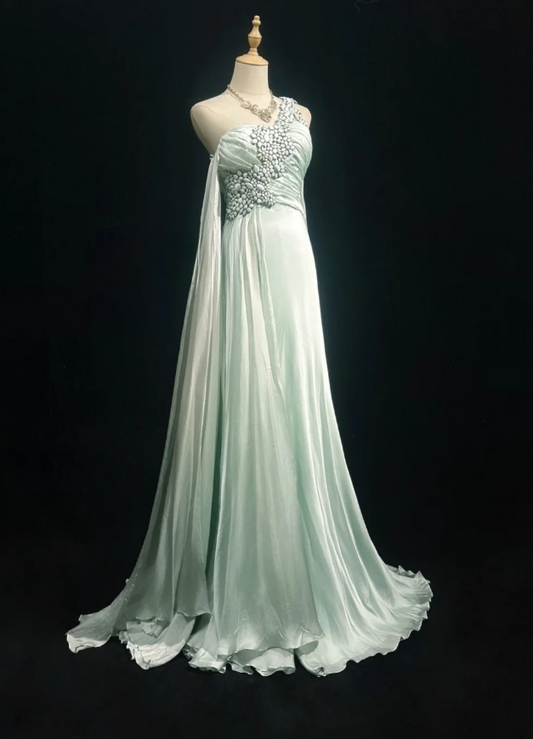 Elegantes mintgrünes Chiffon-Abendkleid mit Perlenbesatz, Etuikleid, formelles Abendkleid ED07008