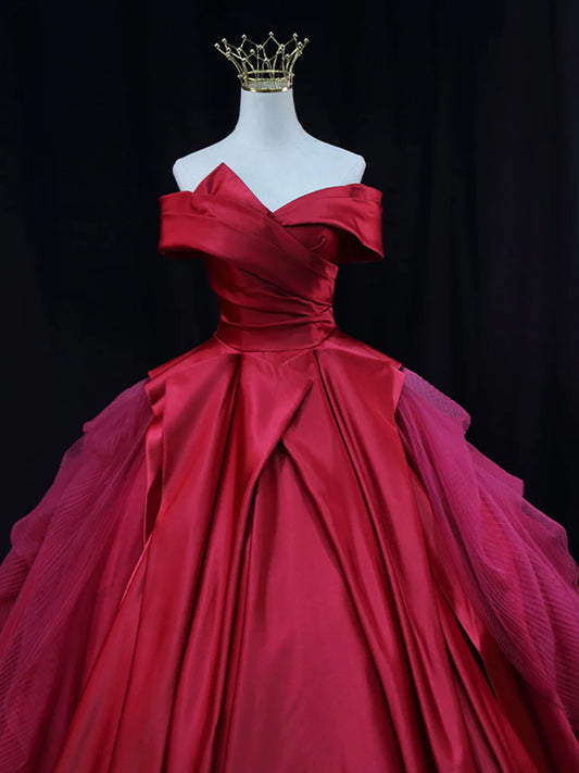 Rotes schulterfreies langes Ballkleid aus Satintüll, rotes langes Abendkleid ED0701