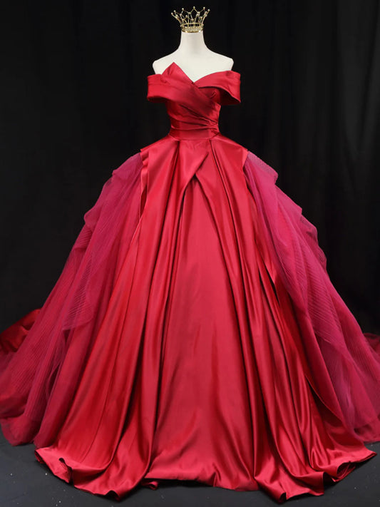 Rotes schulterfreies langes Ballkleid aus Satintüll, rotes langes Abendkleid ED0701