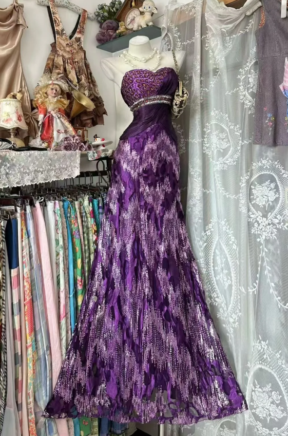 Chic Purple Prom Dress Chiffon Beaded Sweetheart Evening Dress Sheath Birthday Dress ED07010