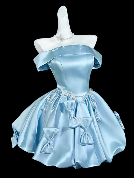 Elegantes blaues Ballkleid aus Satin, schulterfrei, A-Linien-Schnitt, Geburtstagskleid ED07012