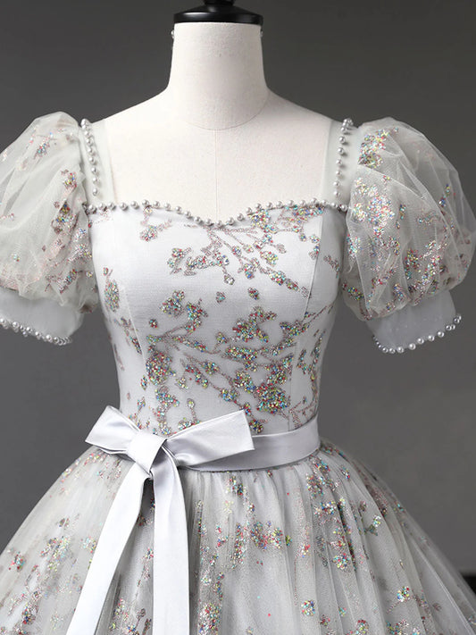 Gray A-Line Tulle Sequin Long Prom Dress, Gray Formal Evening Dresses ED0702