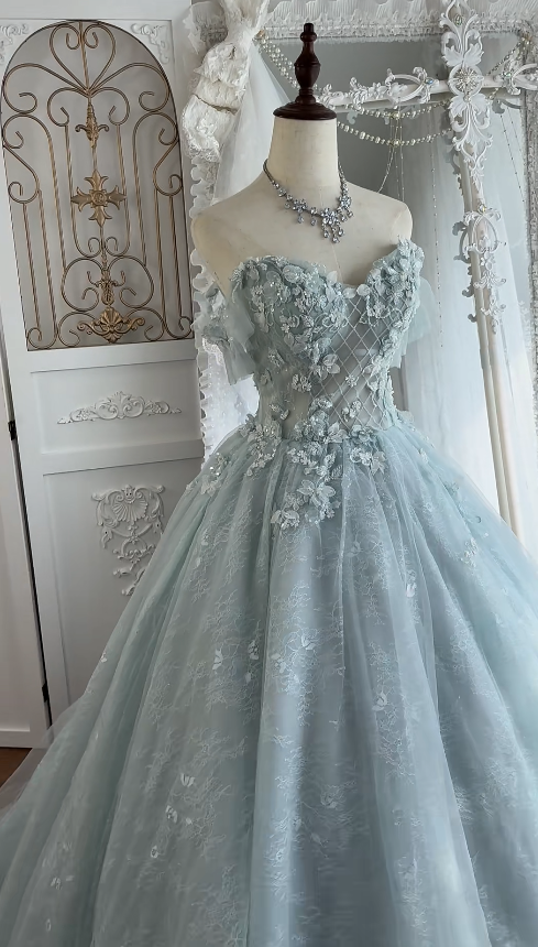 Chic Appliques Prom Dress Tulle A-Line Evening Dress Off-shoulder Birthday Dress ED07024