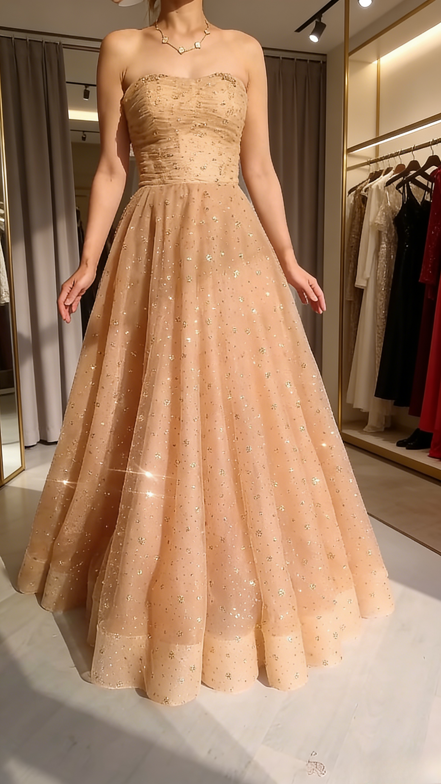 Gorgeous Champagne Prom Dress Tulle A-Line Evening Dress Strapless Birthday Dress ED07031