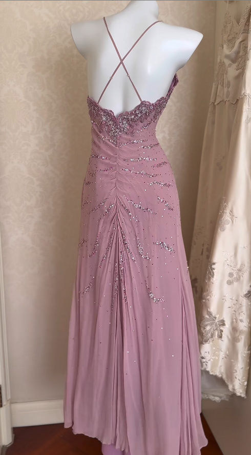 Vintage lila Chiffon-Abendkleid mit Perlenbesatz, Spaghettiträger, Ballkleid, Geburtstagskleid ED07036