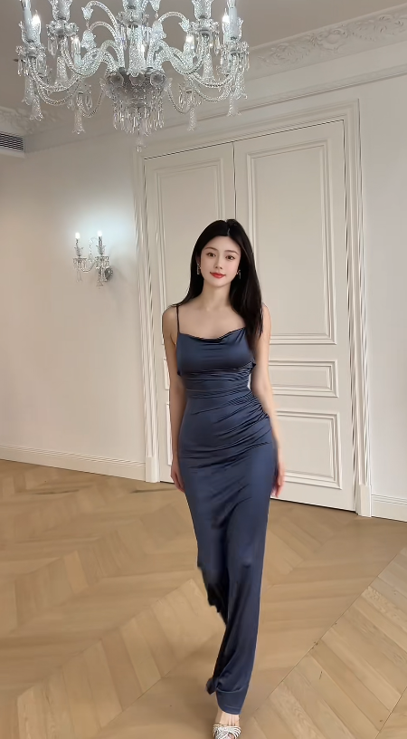 Chic Navy Blue Prom Dress Satin Spaghetti Straps Sheath Evening Dress ED07042