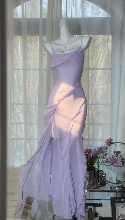 Gorgeous Light Purple Prom Dress Chiffon Sheath Spaghetti Straps Evening Dress ED07056