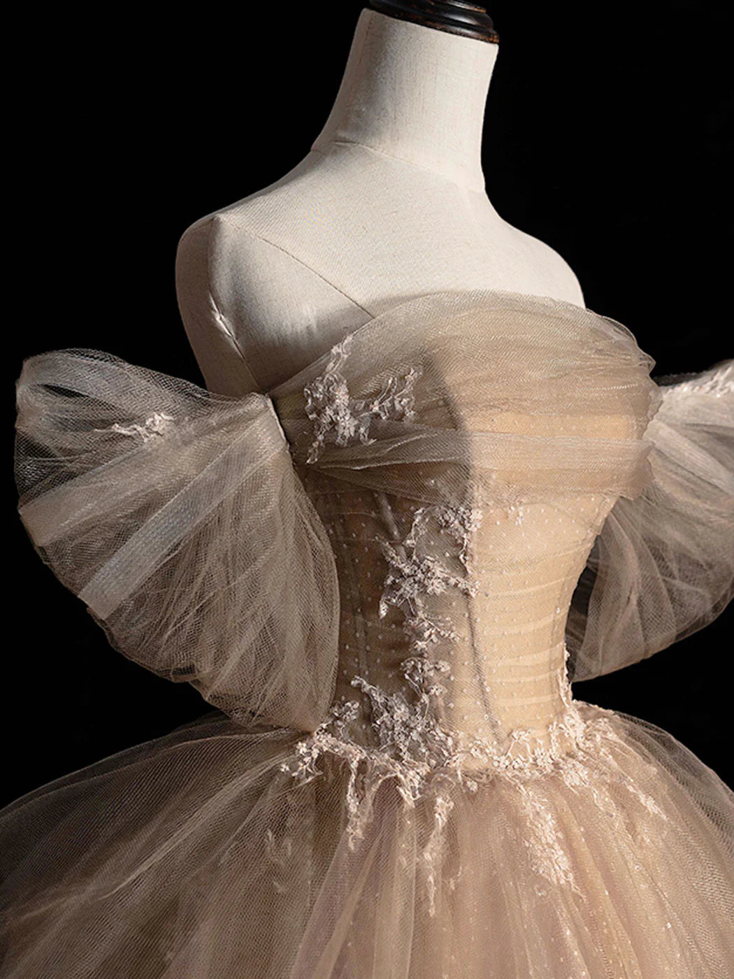 Champagner Tüll Spitze langes Ballkleid, Champagner formelles Abendkleid ED0706
