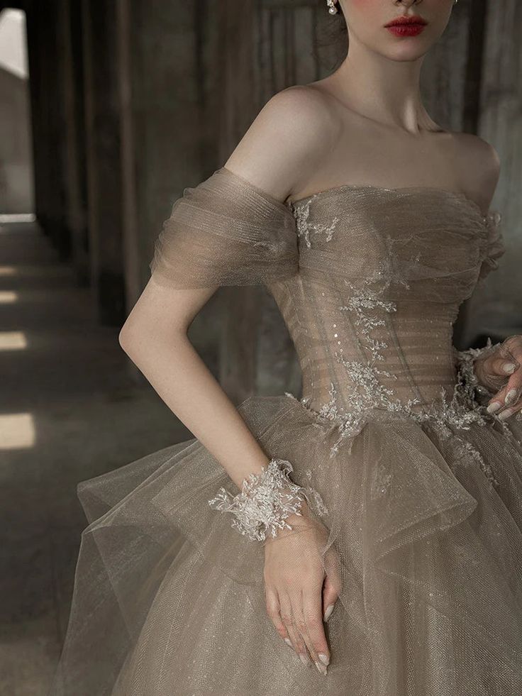Champagner Tüll Spitze langes Ballkleid, Champagner formelles Abendkleid ED0706