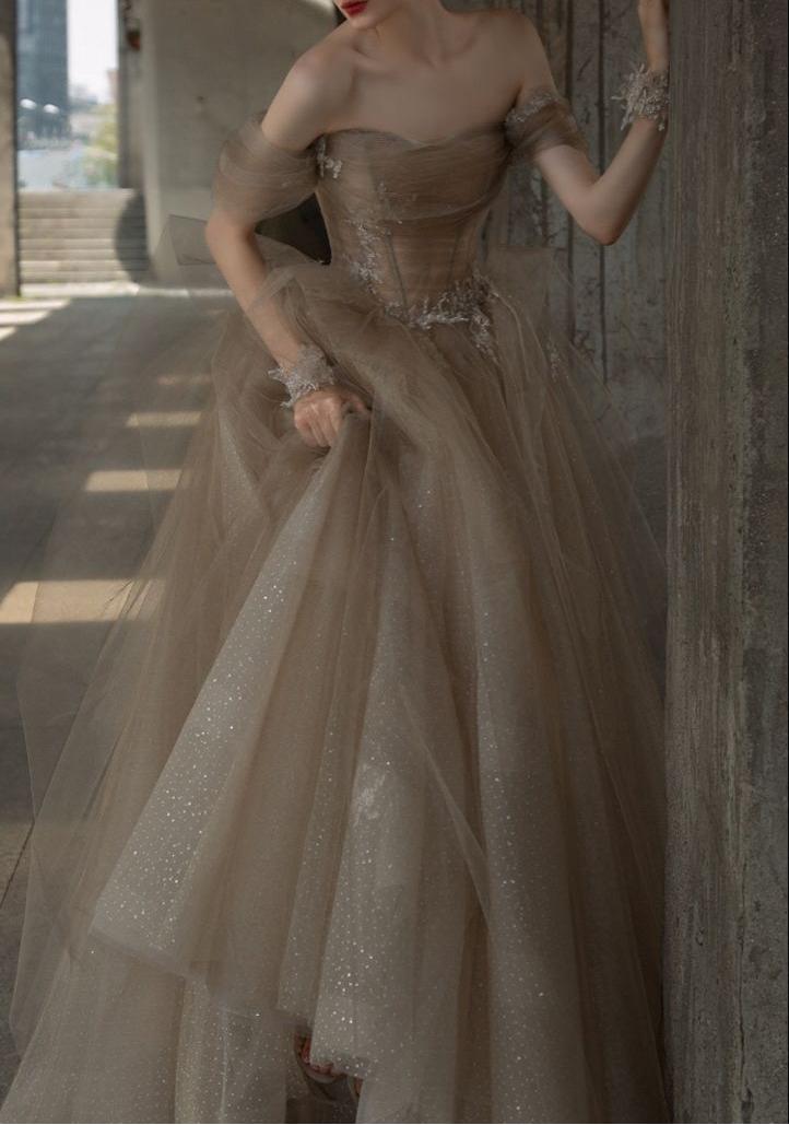 Champagner Tüll Spitze langes Ballkleid, Champagner formelles Abendkleid ED0706