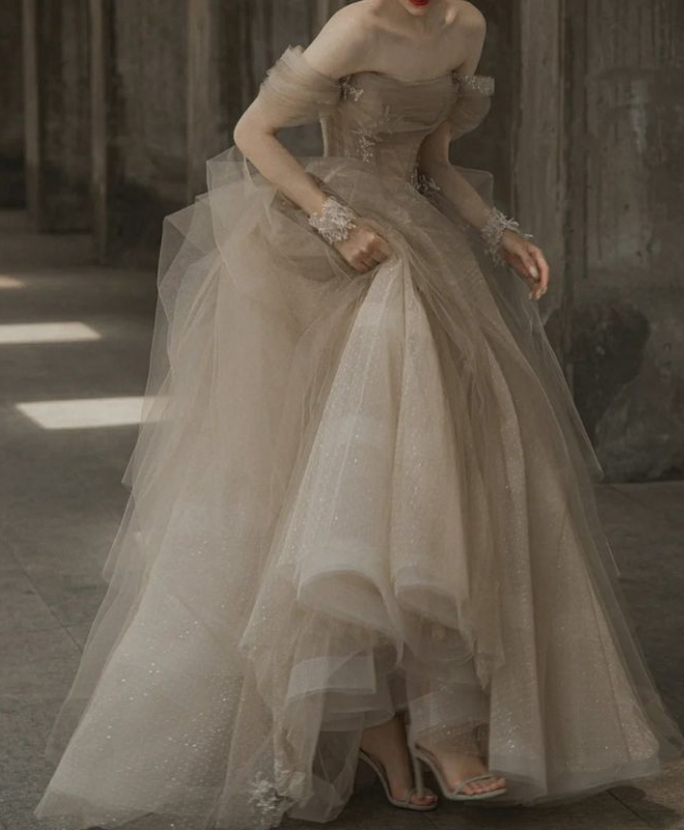 Champagner Tüll Spitze langes Ballkleid, Champagner formelles Abendkleid ED0706