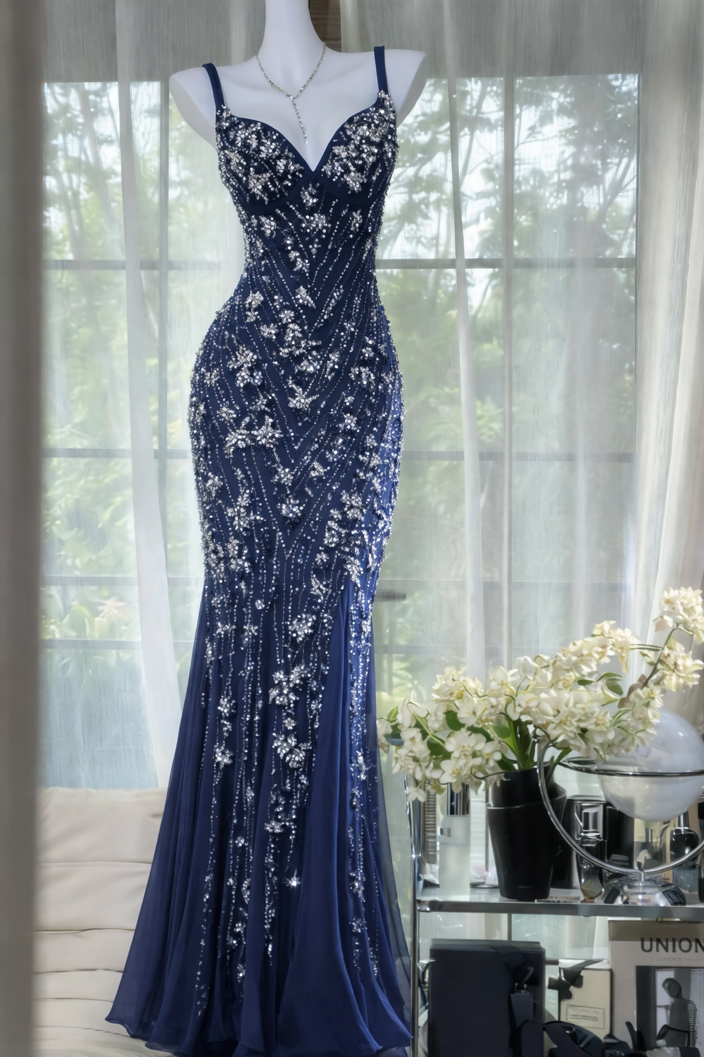 Classy Navy Blue Prom Dress Chiffon Beaded Straps Sheath Evening Dress ED07065